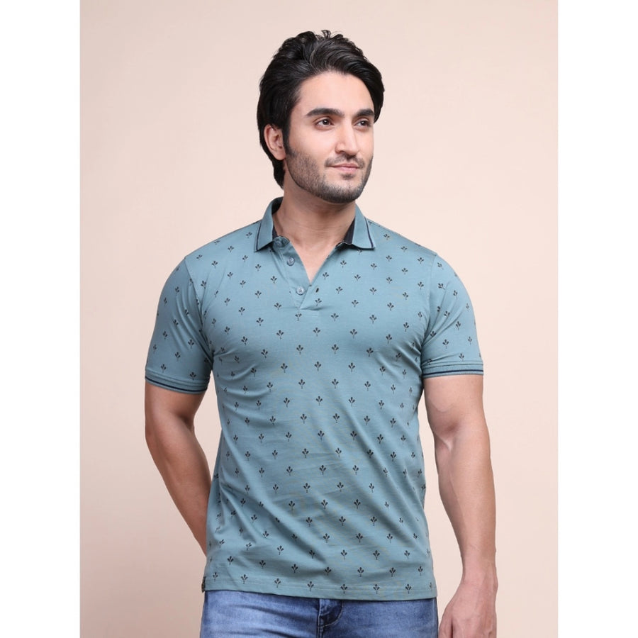 Grey cotton printed polo neck half sleeve men's casual t-shirt with distinctive pattern design