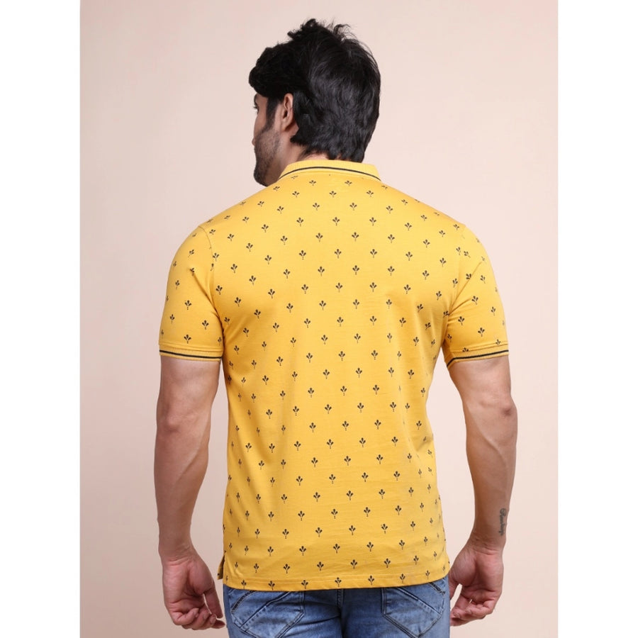 Mustard cotton printed polo neck half sleeve t-shirt for men - casual wear with vibrant design