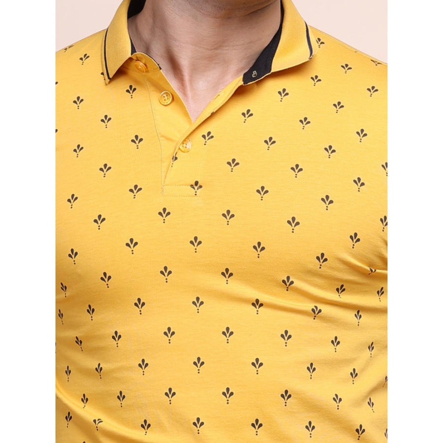 Men's casual cotton mustard printed polo neck half sleeve t-shirt on model
