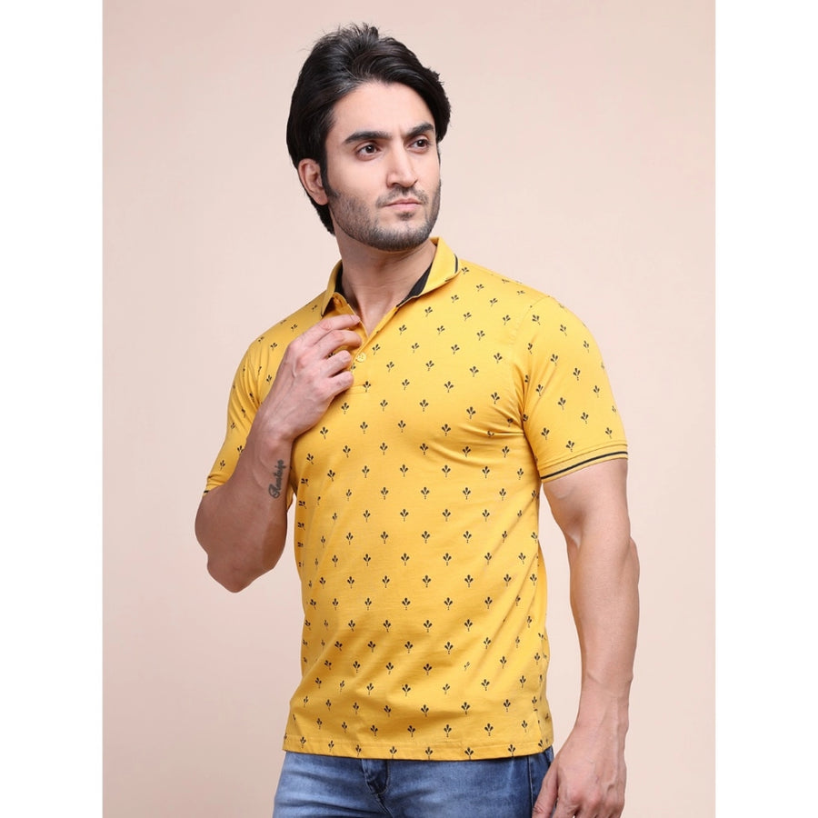 Men's casual cotton printed mustard polo neck half sleeve T-shirt - vibrant color, comfortable fit for everyday wear