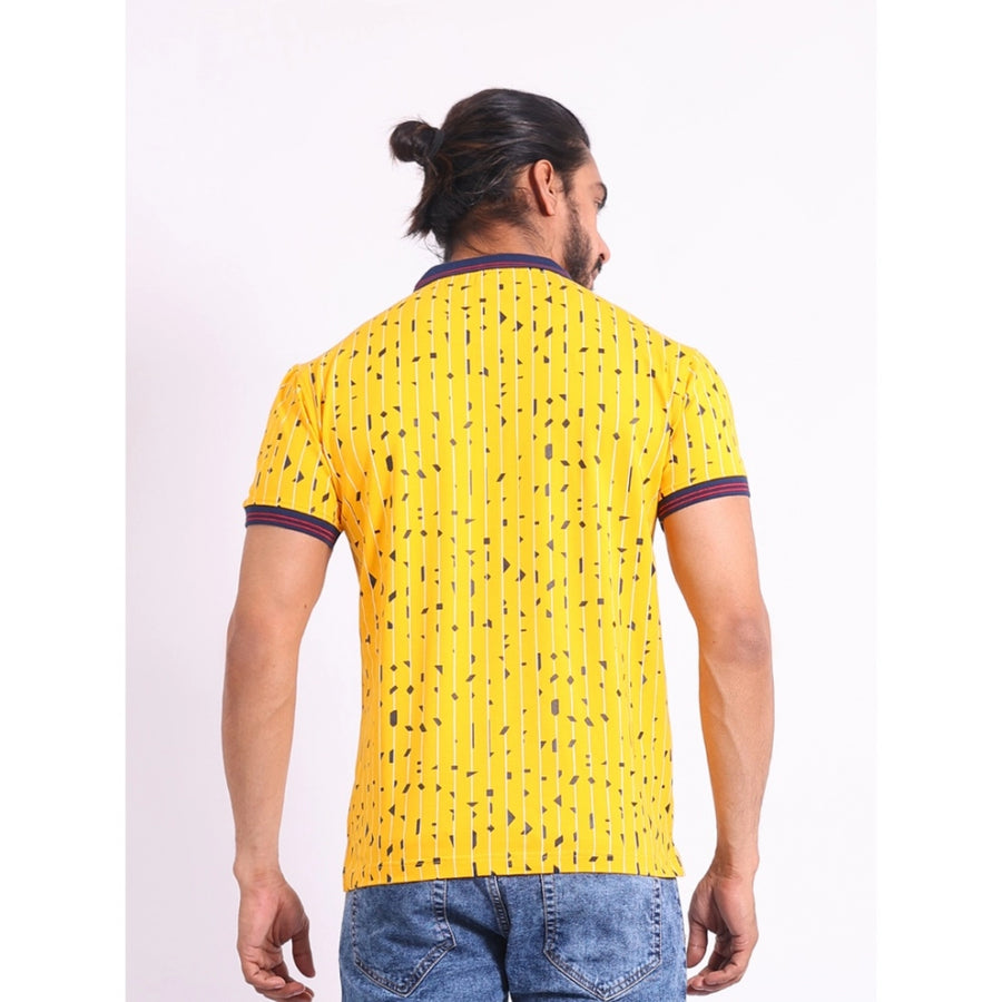 Men's casual cotton printed polo neck half sleeve turmeric t-shirt with vibrant pattern detail