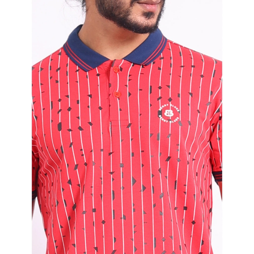 Red cotton printed polo neck half sleeve t-shirt for men's casual wear