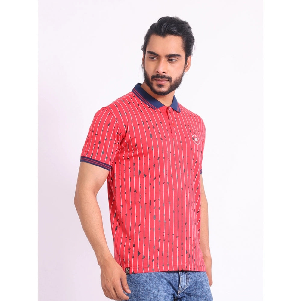 Red cotton printed polo neck half sleeve t-shirt for men, casual style