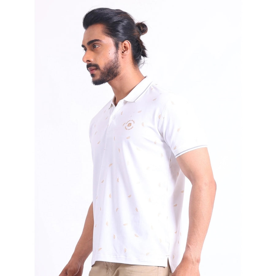 White cotton men's polo neck half sleeve printed t-shirt with casual style, patterned design on chest area