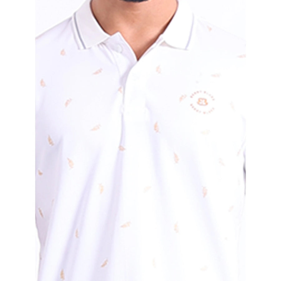 White cotton printed polo neck half sleeve t-shirt for men, casual style with graphic design
