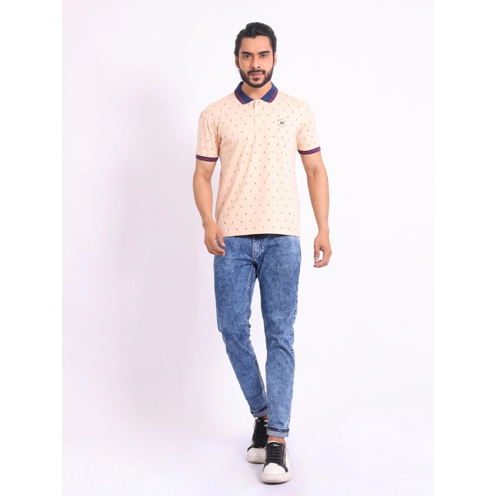 Peach cotton printed polo neck half sleeve t-shirt for men - casual wear with distinctive pattern detail