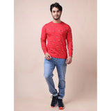 Men's Casual Cotton Printed Round Neck Full Sleeve T-Shirt (Red)