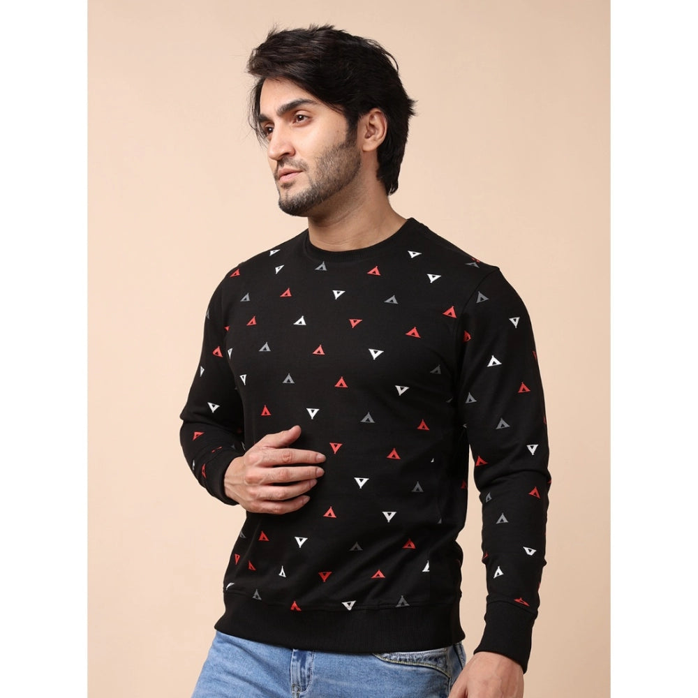 Black cotton men's casual printed round neck full sleeve sweat t-shirt with vibrant pattern detail