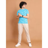 Skyblue cotton printed round neck half sleeve men's casual t-shirt with vibrant pattern design