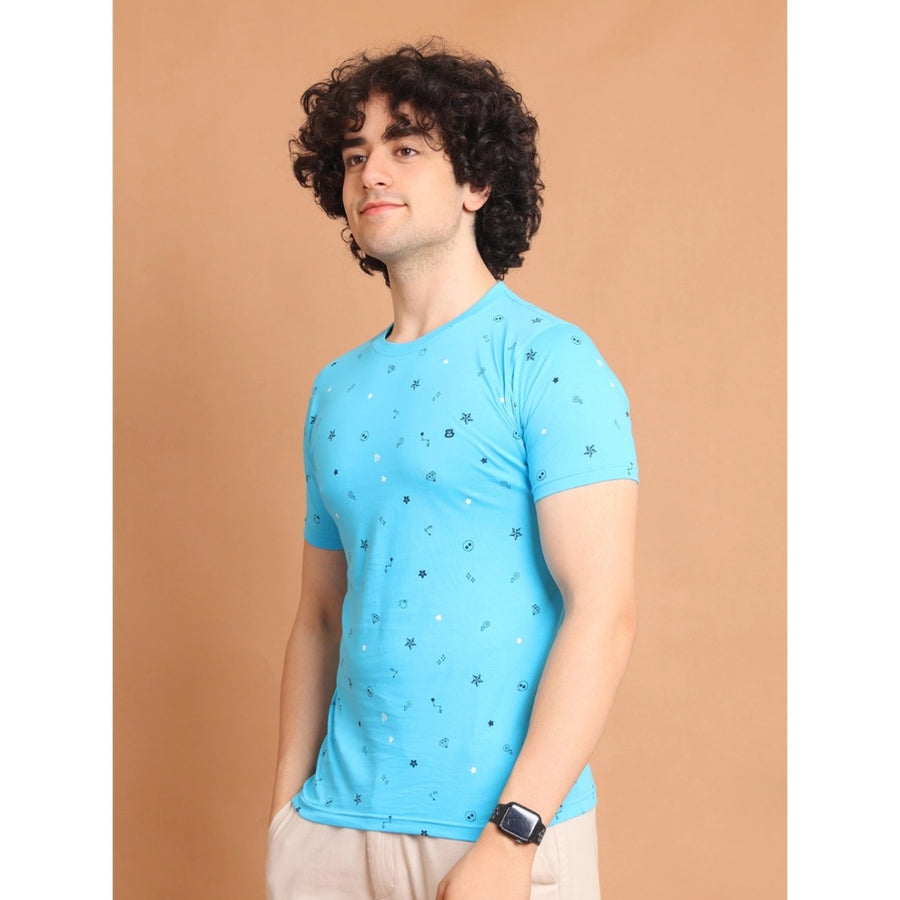 Skyblue cotton printed round neck half sleeve men's casual t-shirt with vibrant pattern detail