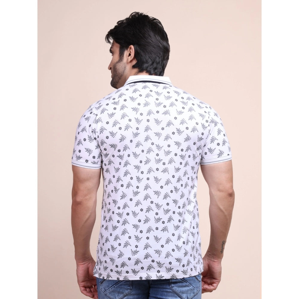 Men's white cotton printed polo neck half sleeve T-shirt with casual style and vibrant pattern