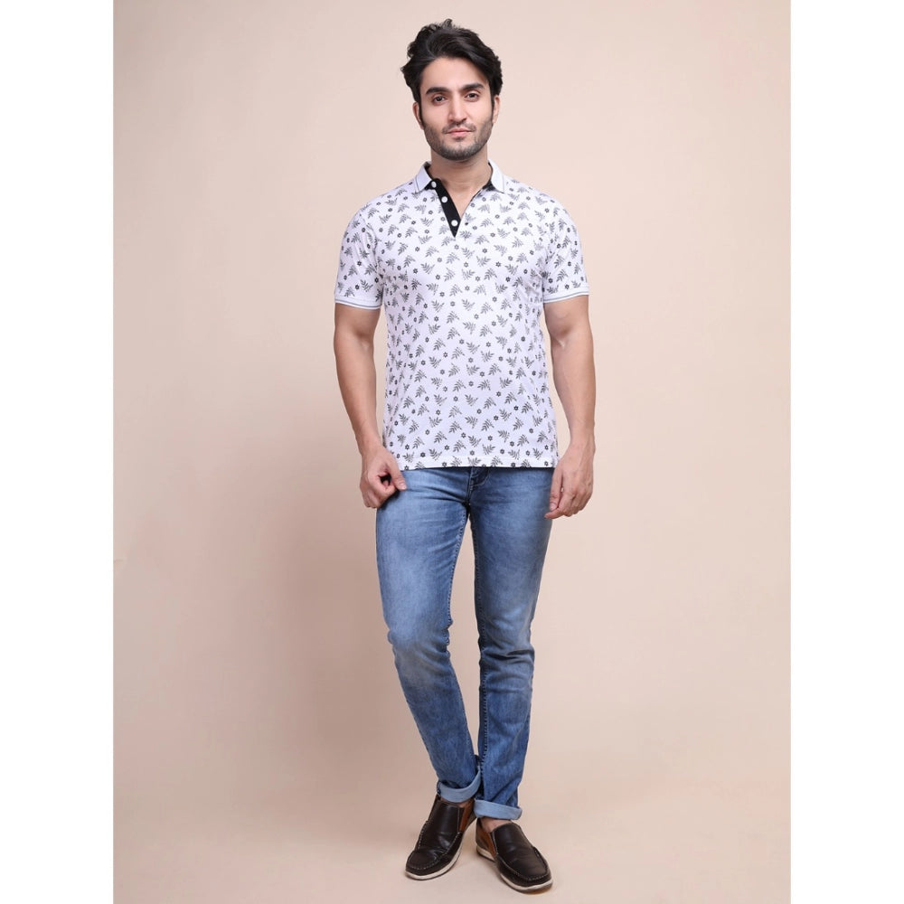 White cotton printed polo neck half sleeve t-shirt with casual style, featuring a distinctive pattern design