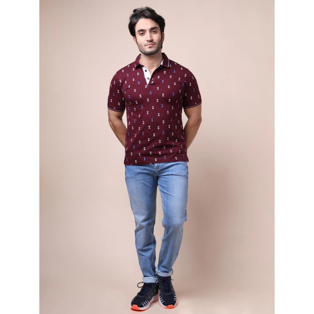 Plum cotton printed polo neck half sleeve t-shirt for men's casual wear