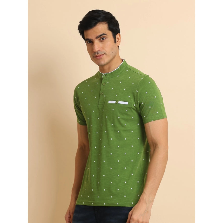 Green cotton printed mandarin collar half sleeve t-shirt for men's casual wear with vibrant pattern detail