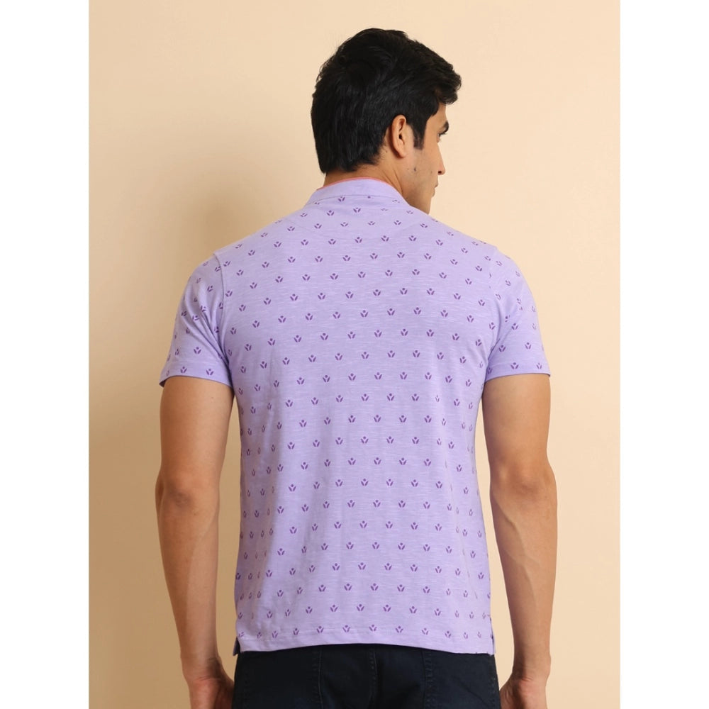 Lavender printed cotton men's casual half sleeve mandarin collar t-shirt - wearable fashion accessory