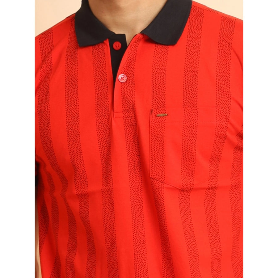 Red cotton printed polo neck half sleeve t-shirt for men