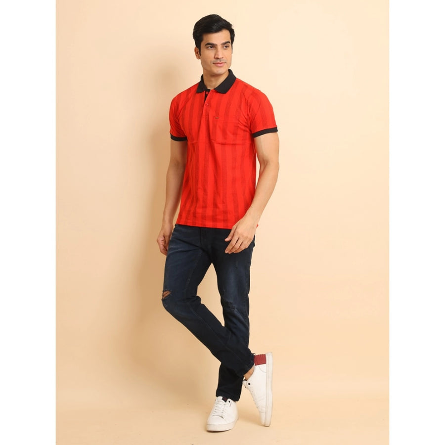 Red cotton printed polo neck half sleeve t-shirt for men - casual wear with distinctive pattern