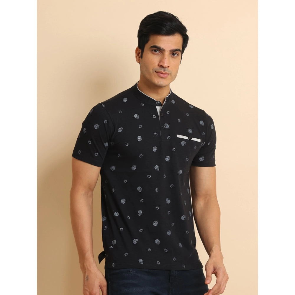 Black cotton printed men's casual half sleeve mandarin collar t-shirt with vibrant design