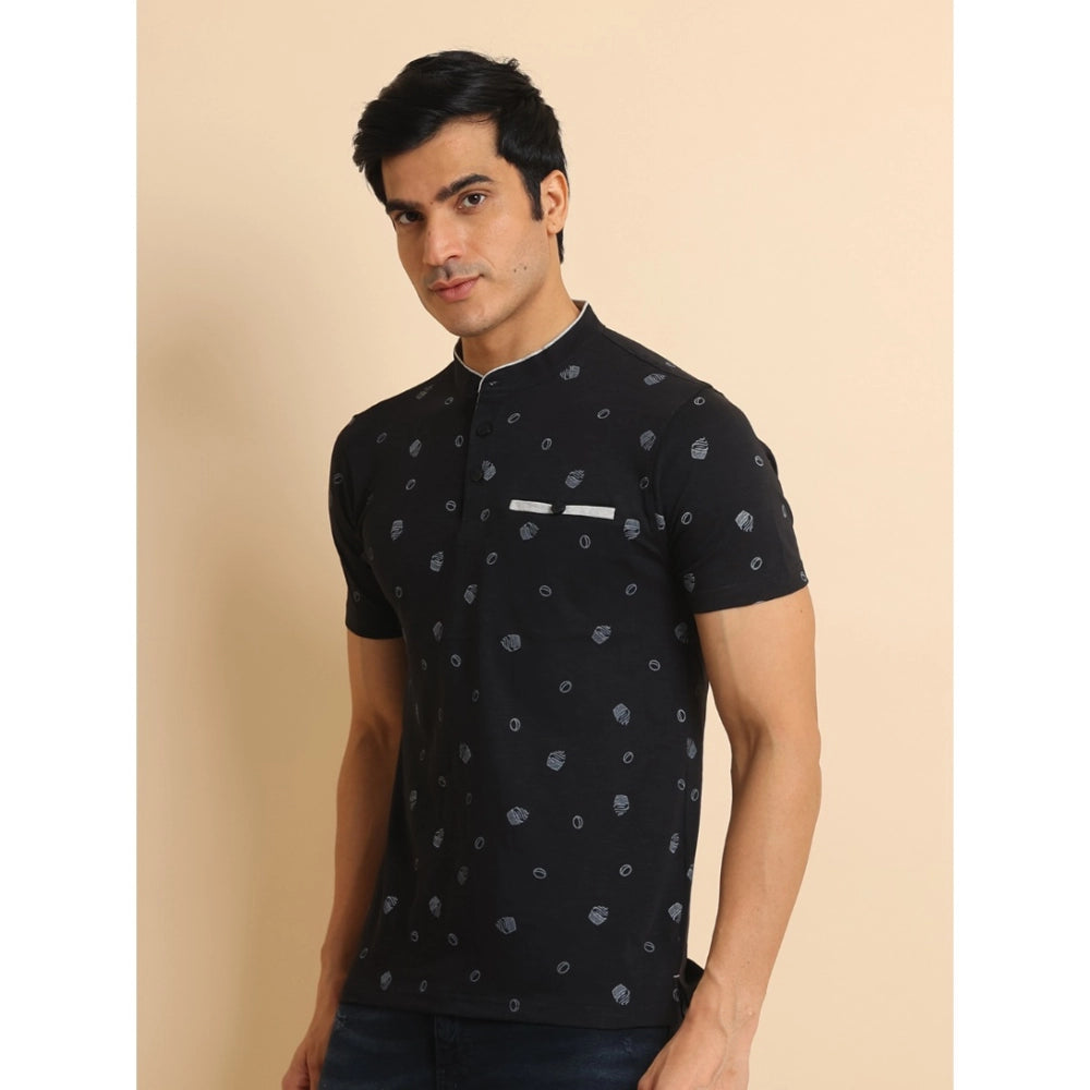 Black cotton printed men's casual half sleeve t-shirt with mandarin collar featuring vibrant design