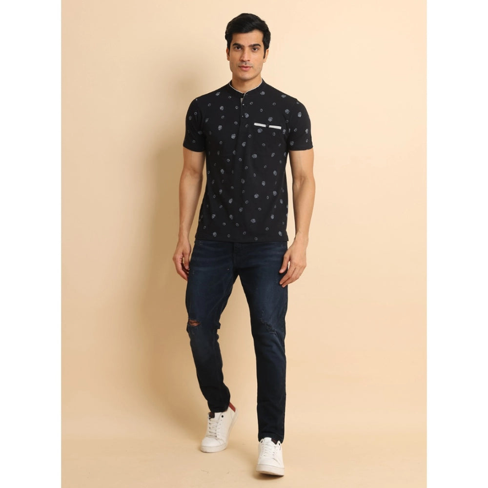 Black cotton printed men's casual t-shirt with mandarin collar and half sleeves, showcasing vibrant pattern detail