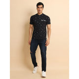 Black cotton printed men's casual t-shirt with mandarin collar and half sleeves, showcasing vibrant pattern detail
