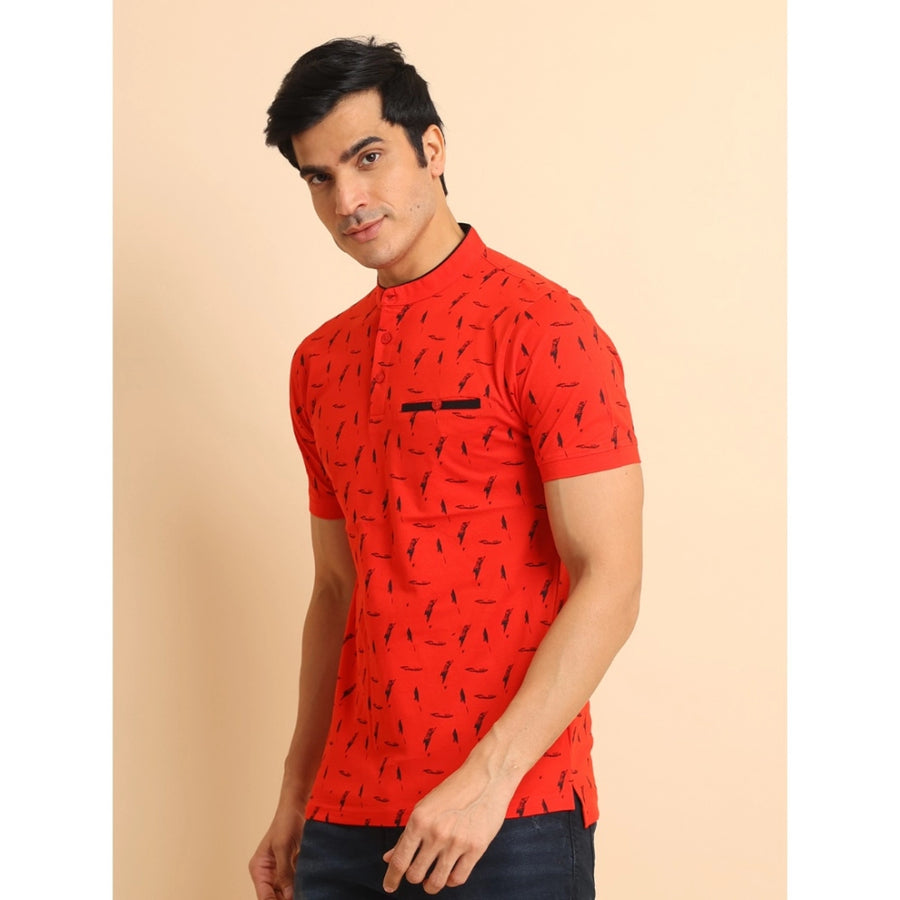 Red printed cotton men's casual half sleeve mandarin collar T-shirt with vibrant pattern detail
