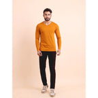 Men's casual cotton mustard solid V-neck full sleeve t-shirt on model