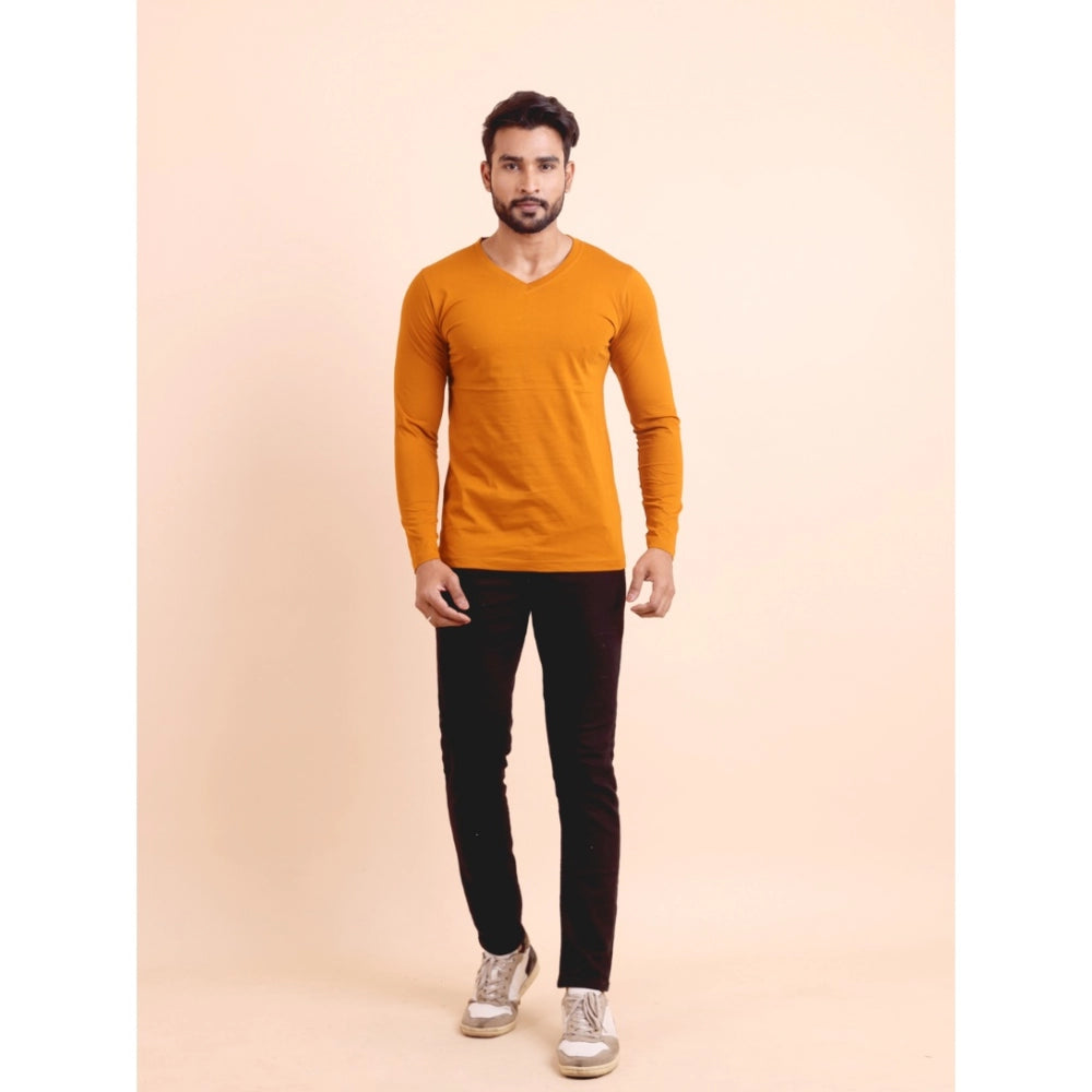 Men's casual cotton mustard solid V-neck full sleeve t-shirt on model
