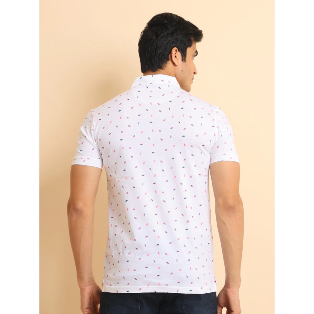Men's casual cotton printed polo neck half sleeve white t-shirt with vibrant pattern detail