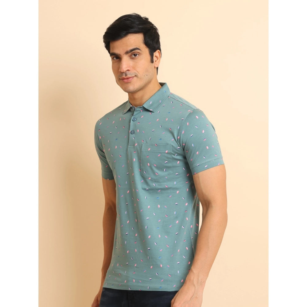 Grey cotton printed polo neck half sleeve men's casual t-shirt with unique pattern design