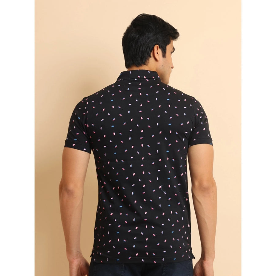 Black cotton printed polo neck half sleeve t-shirt with casual design