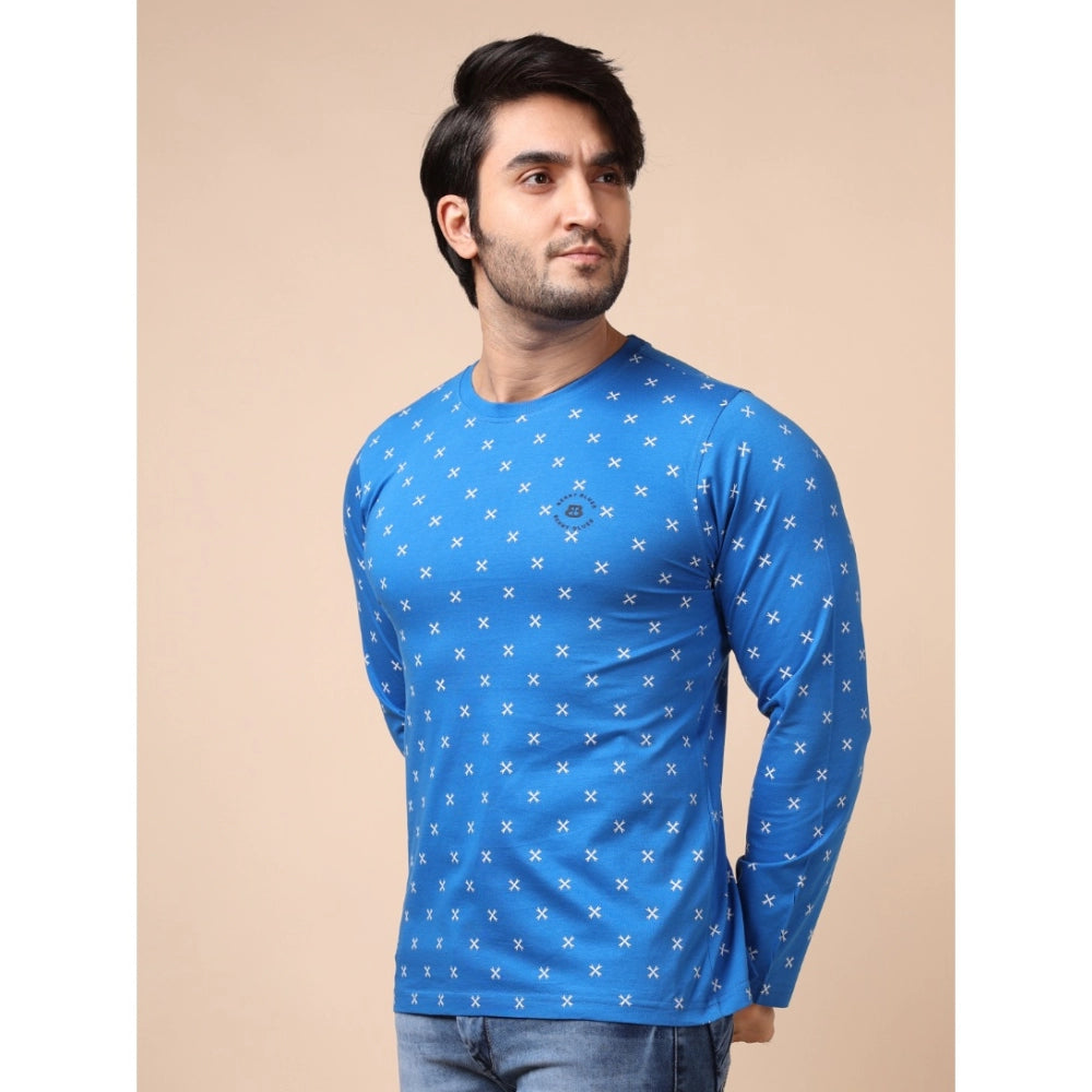 Blue cotton printed round neck full sleeve t-shirt for men, casual style with long sleeves