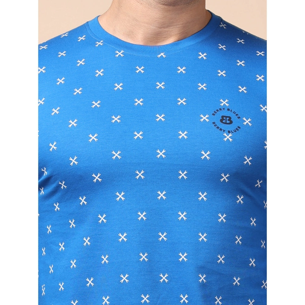 Blue cotton printed round neck full sleeve men's casual t-shirt with vibrant pattern detail