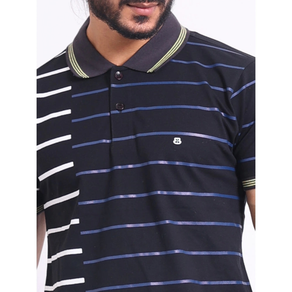 Black cotton printed polo neck half sleeve t-shirt for men, casual style with distinctive pattern