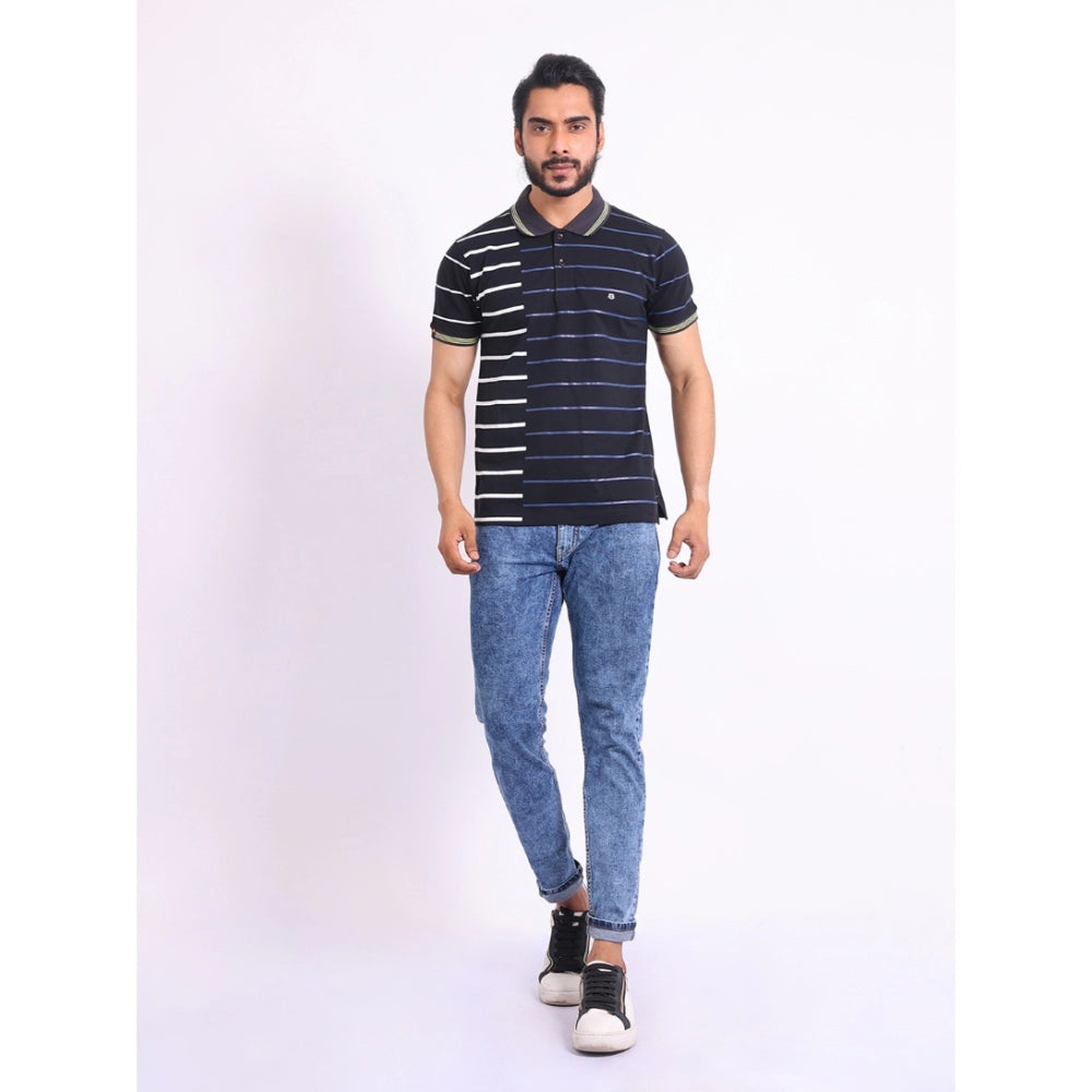 Black cotton printed polo neck half sleeve t-shirt with casual design