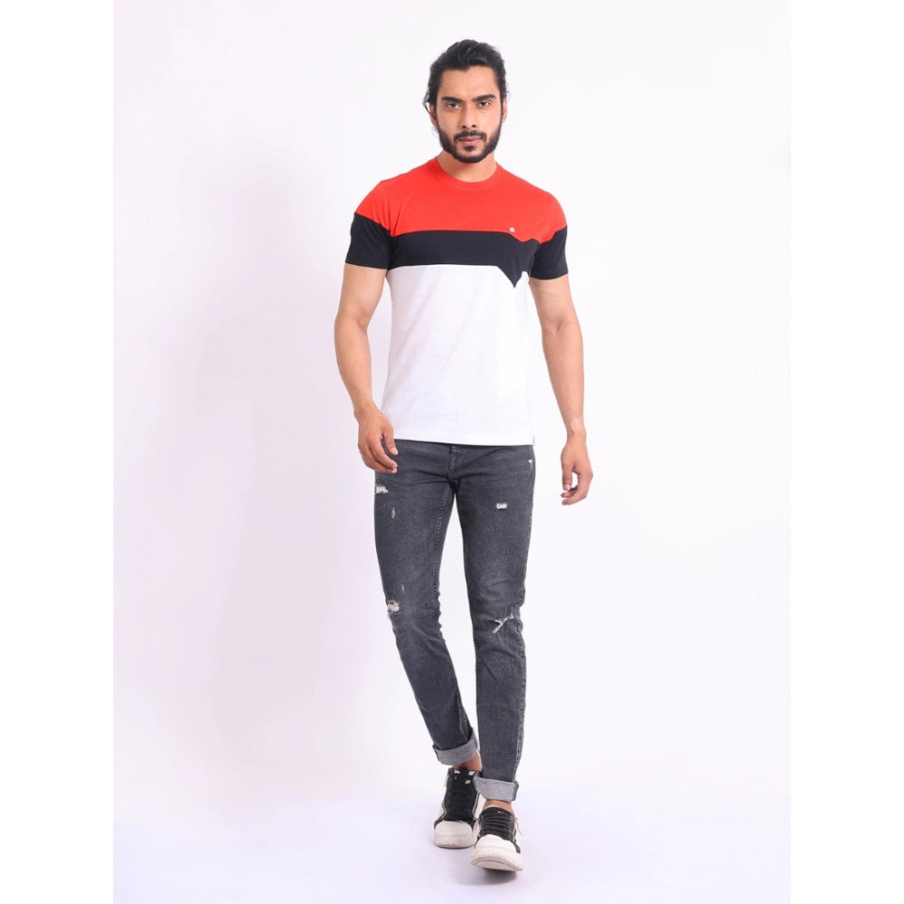 Red cotton printed round neck half sleeve men's casual T-shirt with vibrant pattern detail