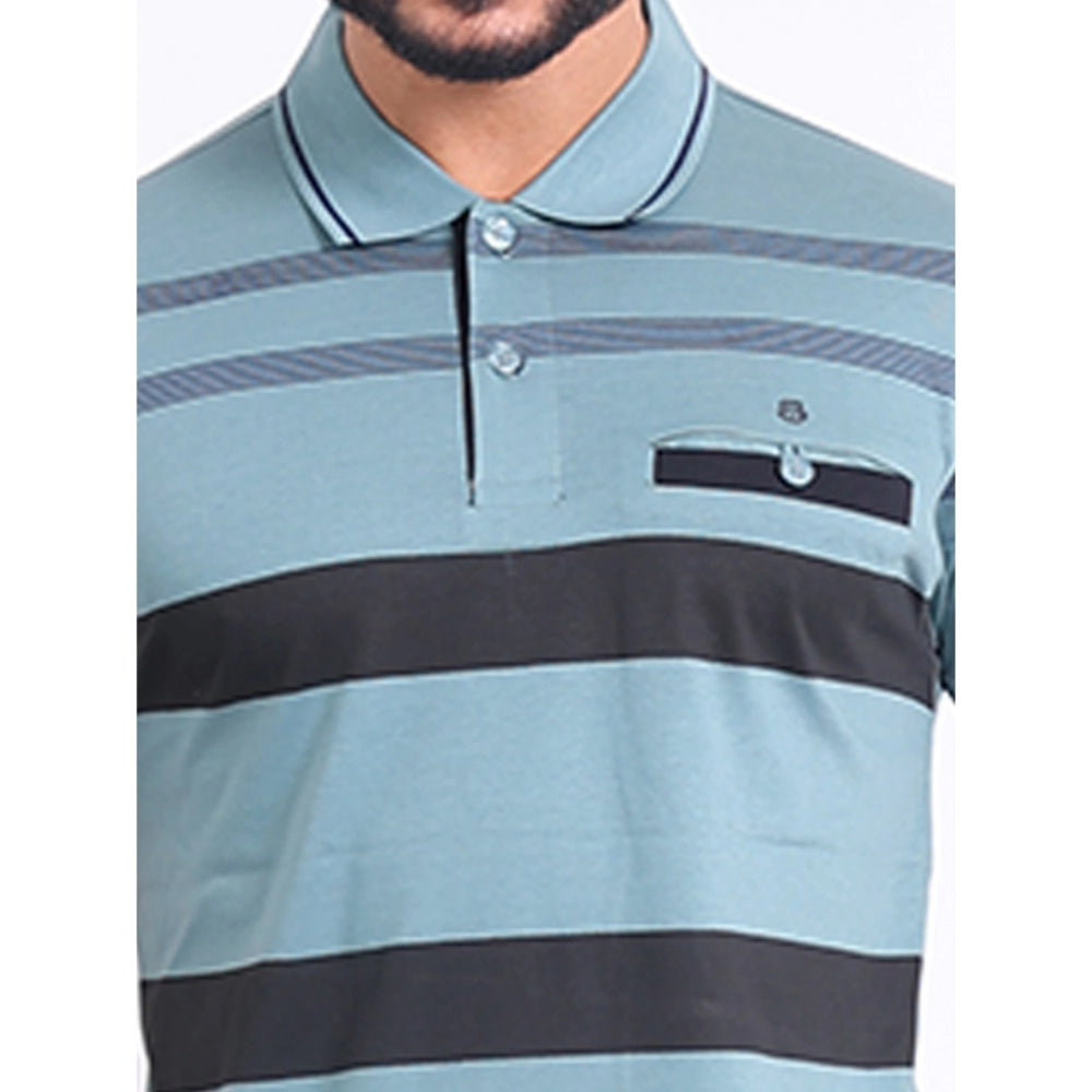 Green cotton printed polo neck half sleeve t-shirt for men's casual wear