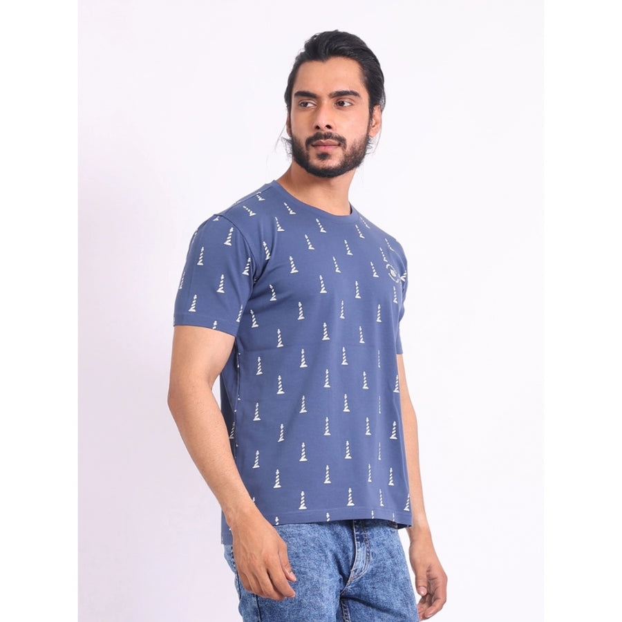 Blue cotton printed men's casual round neck half sleeve T-shirt with colorful pattern