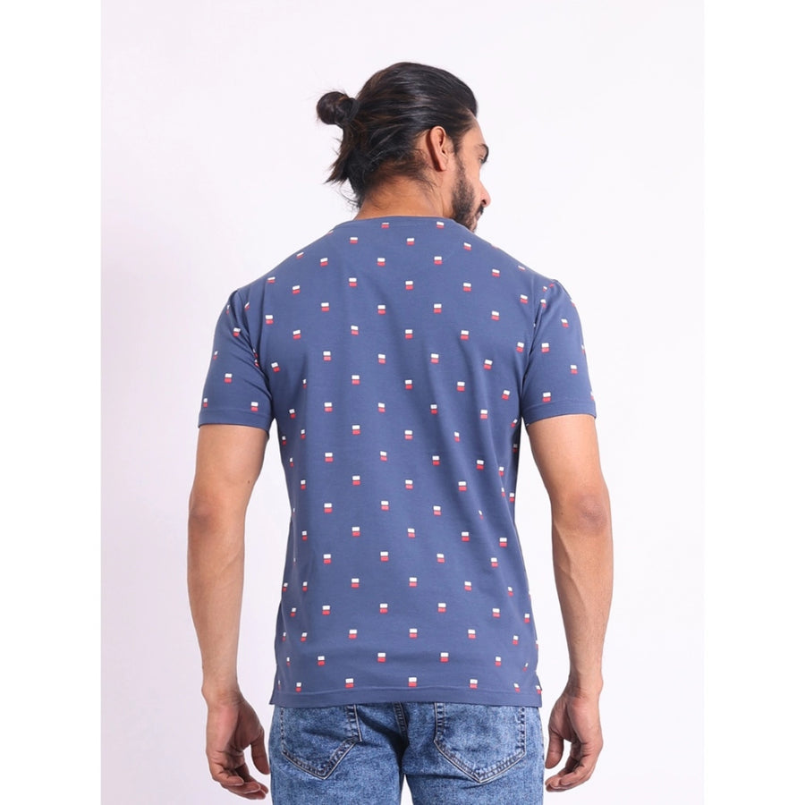Blue cotton printed round neck half sleeve casual t-shirt for men, vibrant pattern design