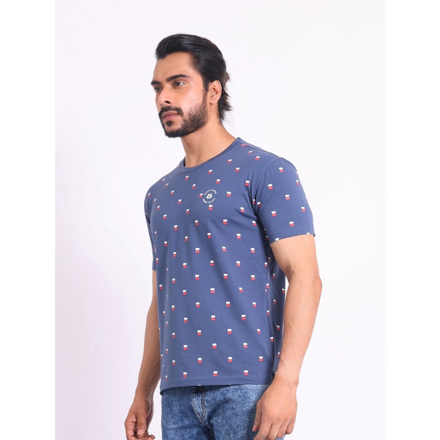 Blue cotton printed men's casual round neck half sleeve t-shirt