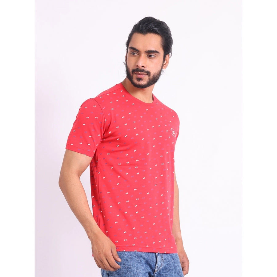Red cotton men's casual printed round neck half sleeve t-shirt with vibrant design