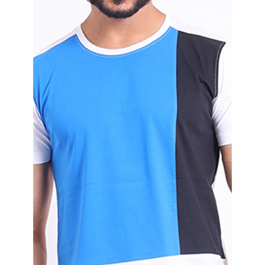Blue cotton printed round neck half sleeve men's casual t-shirt with vibrant pattern design