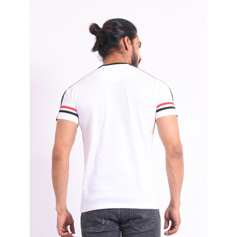 White cotton men's casual printed round neck half sleeve t-shirt with vibrant graphic design