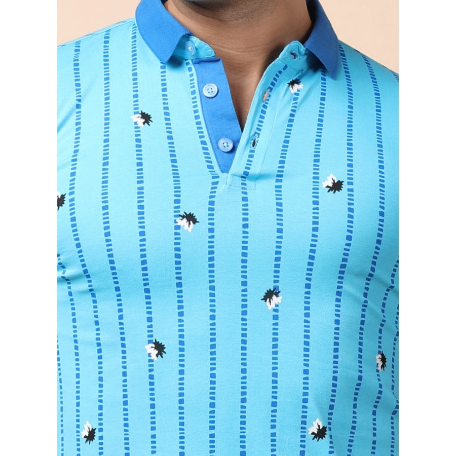 Skyblue cotton printed polo neck half sleeve t-shirt for men's casual wear
