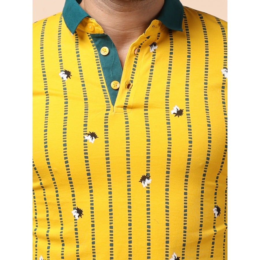Yellow cotton printed polo neck half sleeve t-shirt for men, casual style