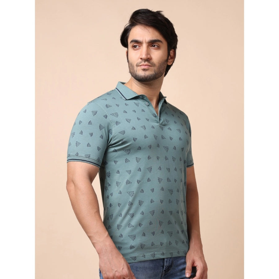 Grey cotton printed polo neck half sleeve t-shirt for men's casual wear, featuring unique pattern design