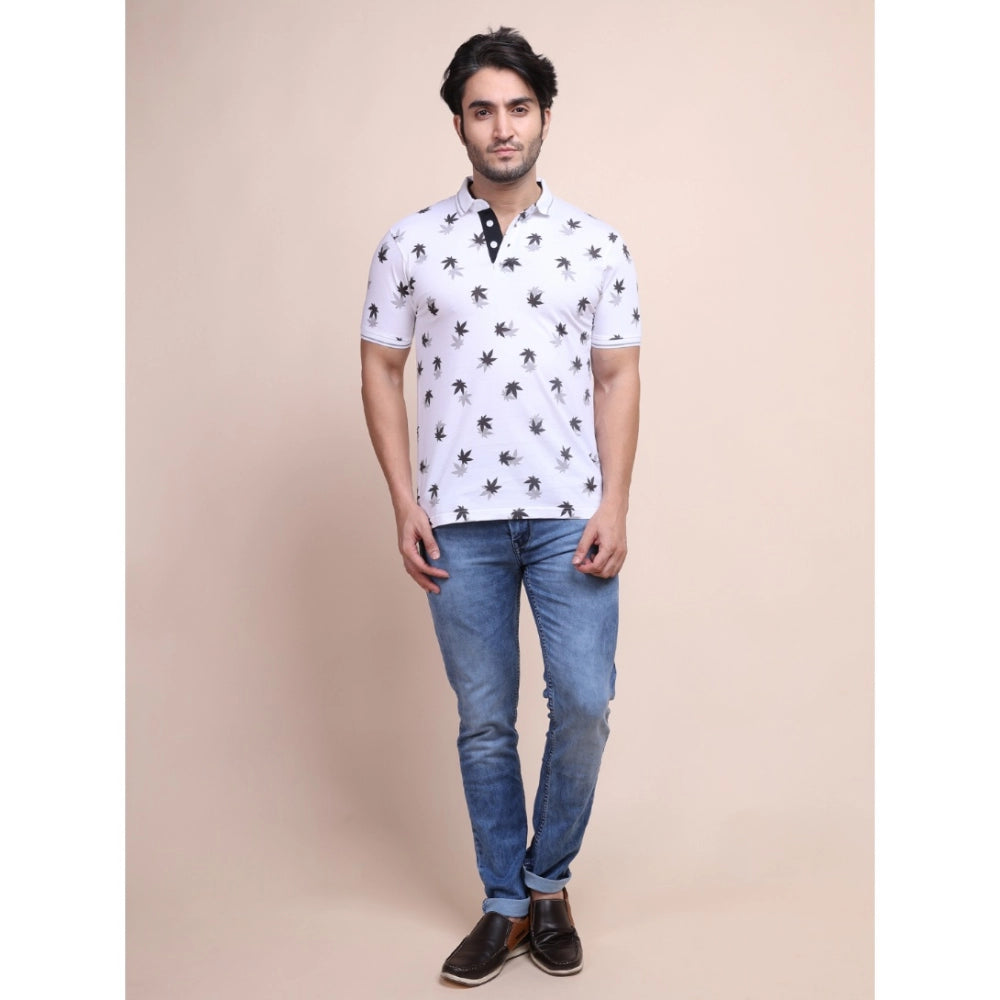 Men's casual cotton printed polo neck half sleeve white t-shirt - color varies due to lighting & screens