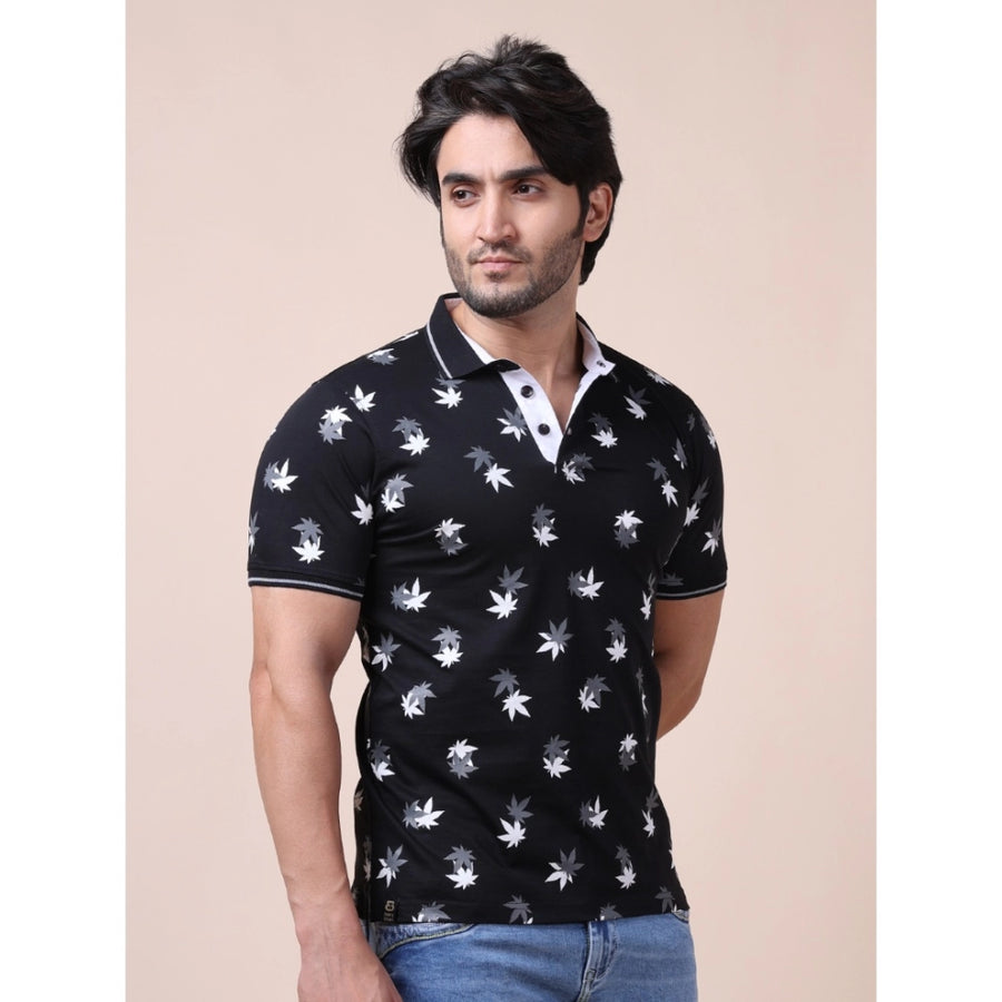 Black cotton printed polo neck half sleeve t-shirt for men, casual style with distinctive pattern detail
