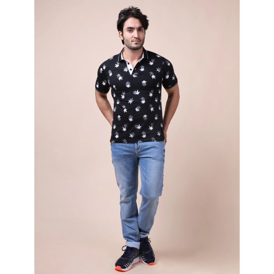 Black cotton printed polo neck half sleeve t-shirt for men - casual style with distinctive pattern design