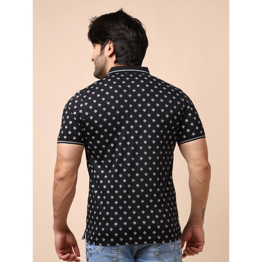 Black cotton printed polo neck half sleeve t-shirt for men, casual style with vibrant imagery